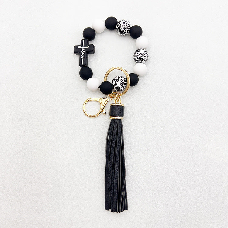 Wholesale Leopard Cross Silicone Beaded Tassel Wrist Keychain